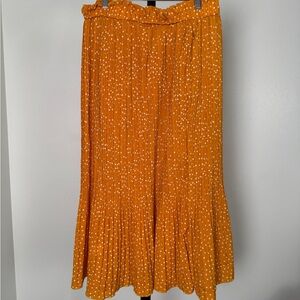 Mustard Polka Dot Pleated Midi Skirt | Elastic Waist | Size XL | New